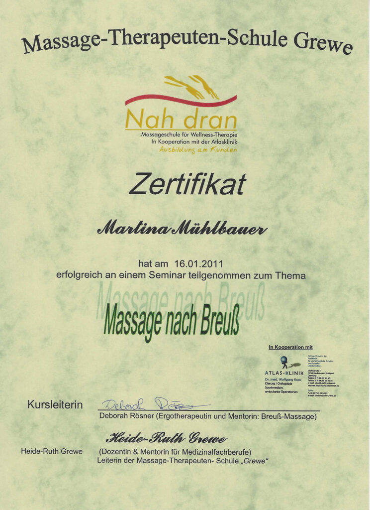 Zertifikat Massage nach Breuß