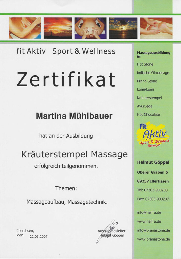 Zertifikat Kräuterstempel Massage