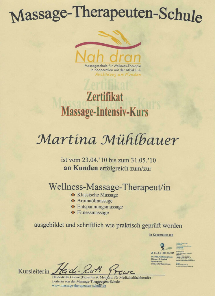 Zertifikat Wellness-Massage-Therapeutin